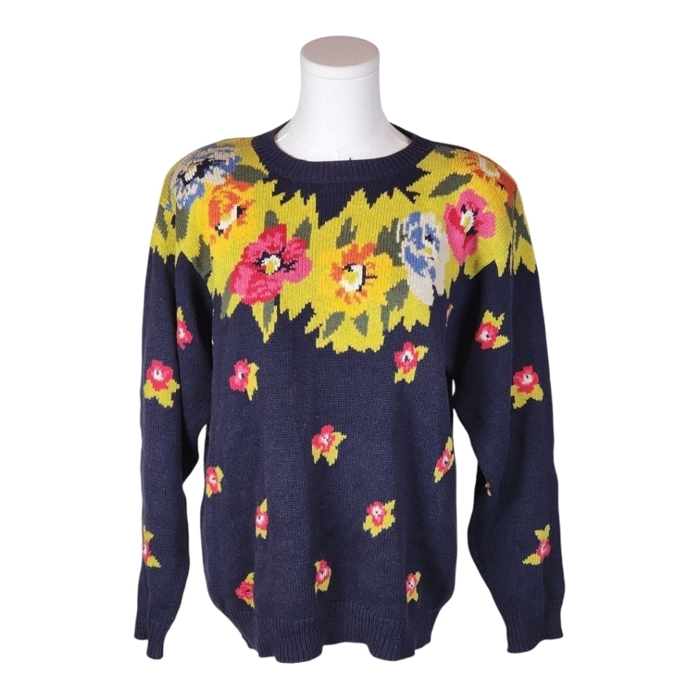 Peck & Peck Vintage 80s Floral Knit Sweater Navy Ramie Cotton Retro M